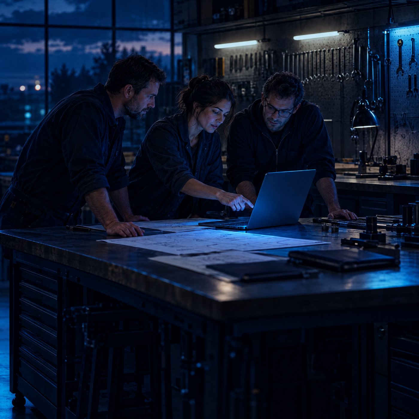 Three operators working over a laptop and plans at a workbench at first light